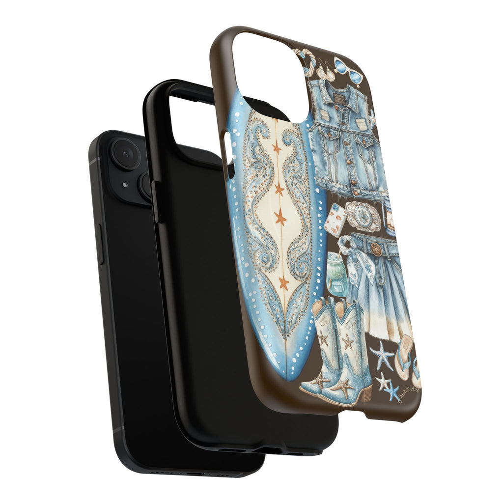 Sundown Cowgirl Boots Brown Phone Case | Coastal Western Patchwork MagSafe Design