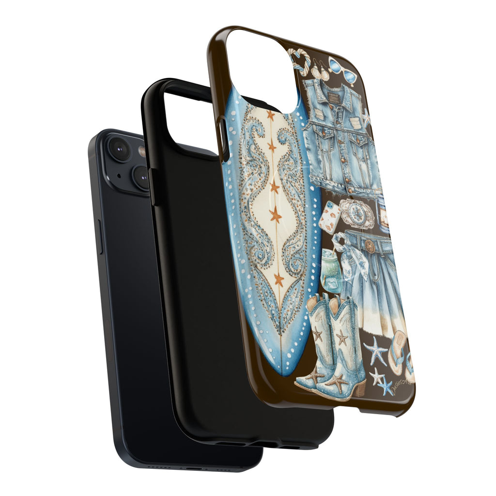 Sundown Cowgirl Boots Brown Phone Case | Coastal Western Patchwork MagSafe Design