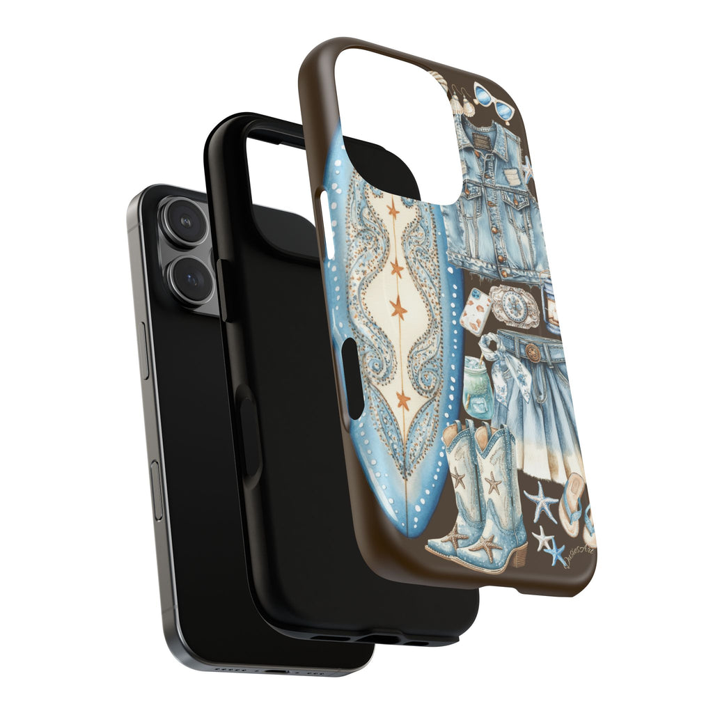 Sundown Cowgirl Boots Brown Phone Case | Coastal Western Patchwork MagSafe Design
