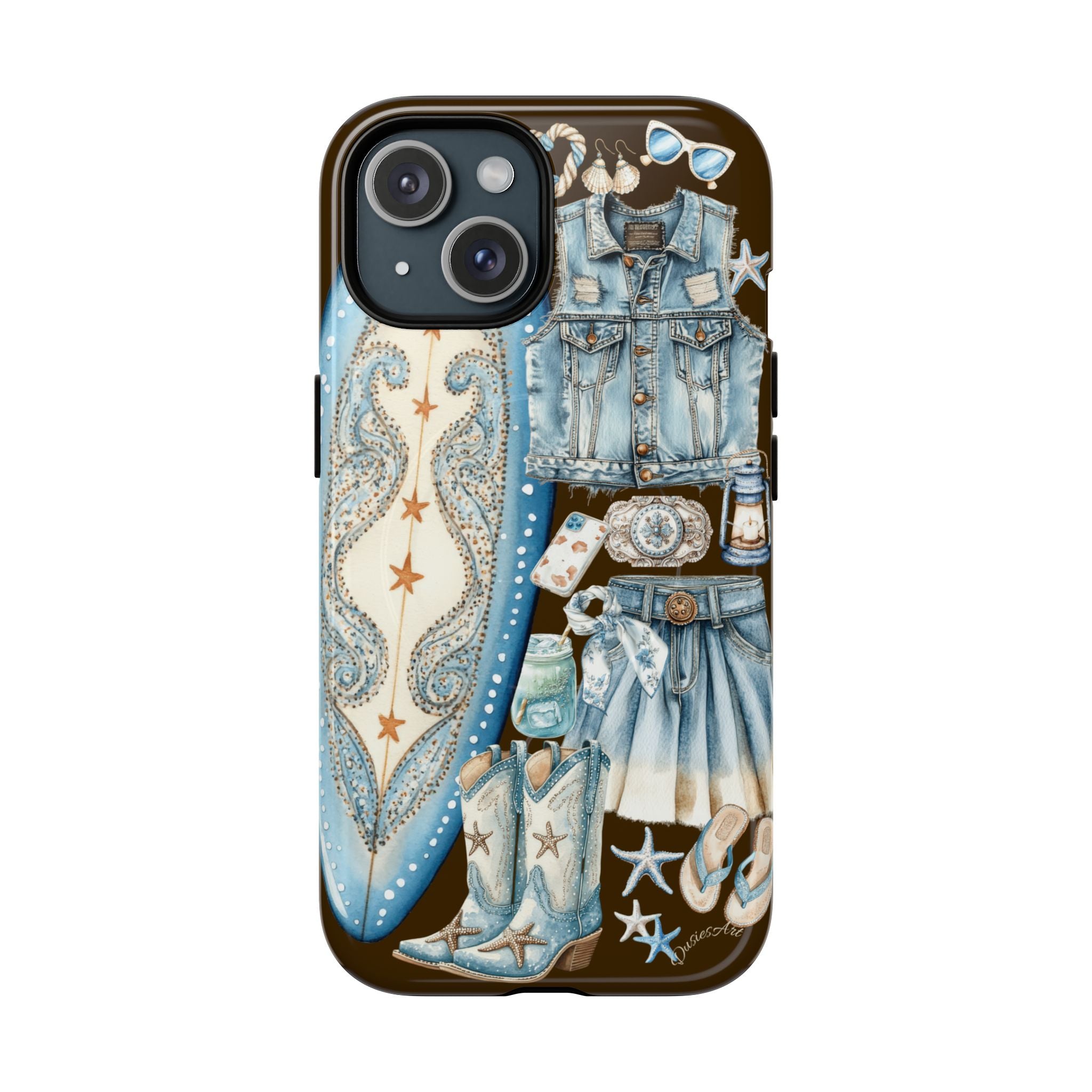 Sundown Cowgirl Boots Brown Phone Case | Coastal Western Patchwork MagSafe Design