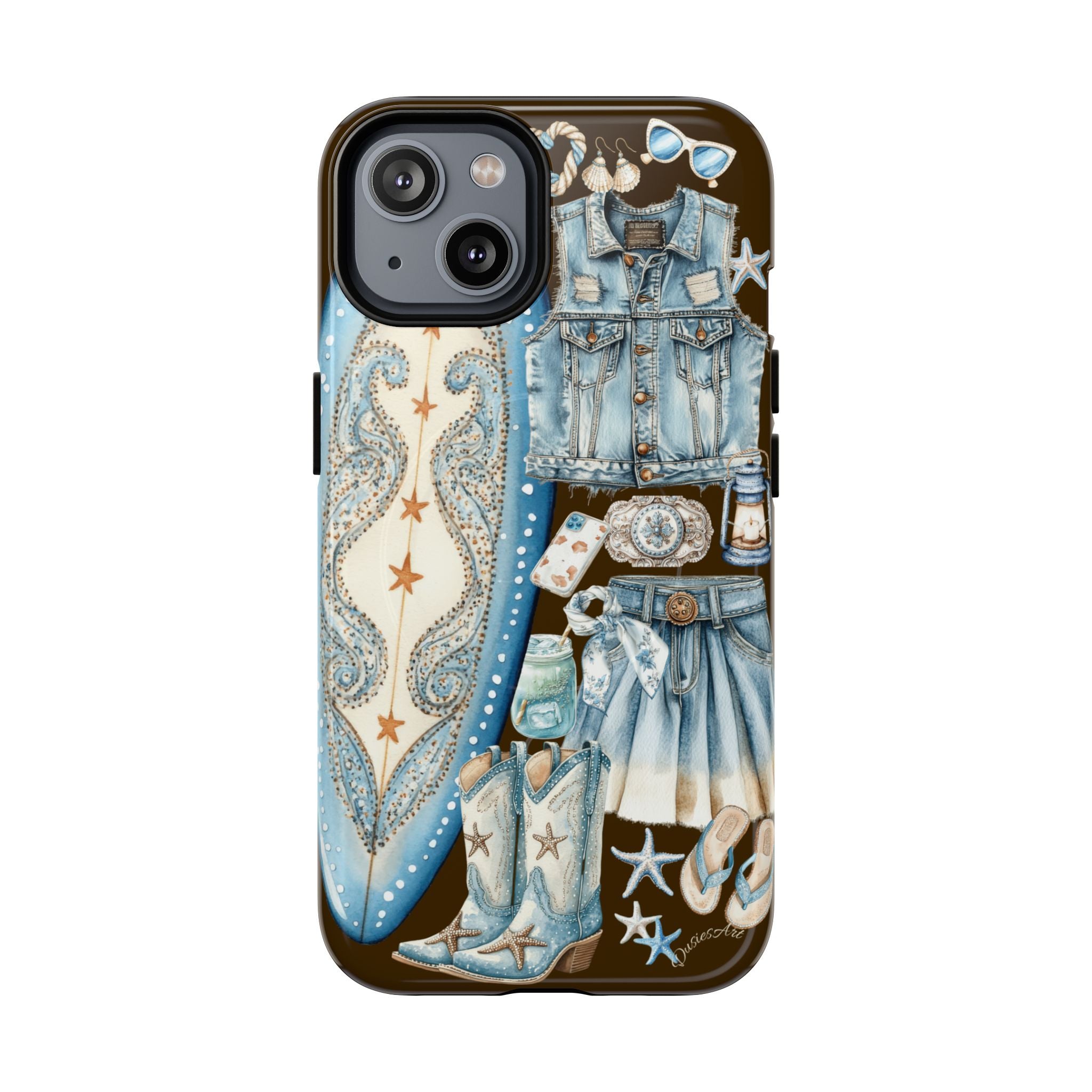 Sundown Cowgirl Boots Brown Phone Case | Coastal Western Patchwork MagSafe Design