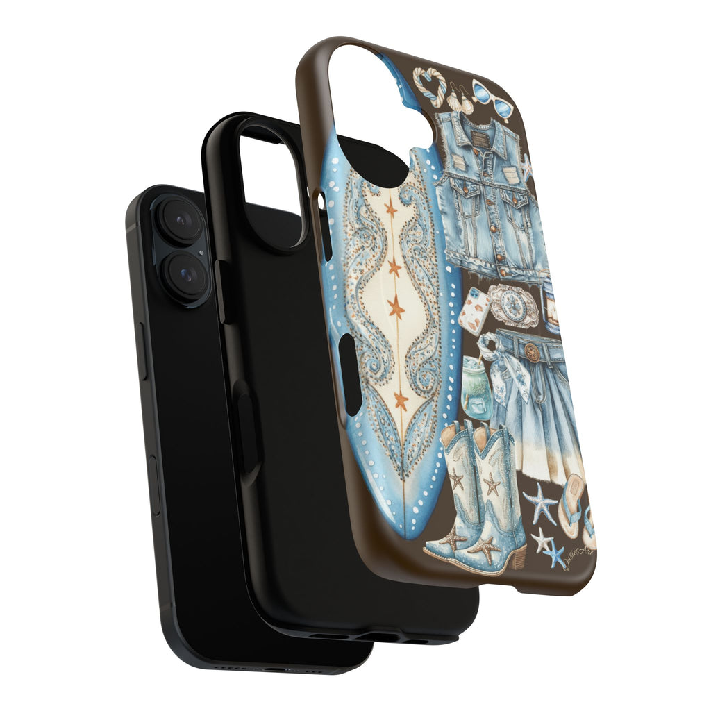 Sundown Cowgirl Boots Brown Phone Case | Coastal Western Patchwork MagSafe Design