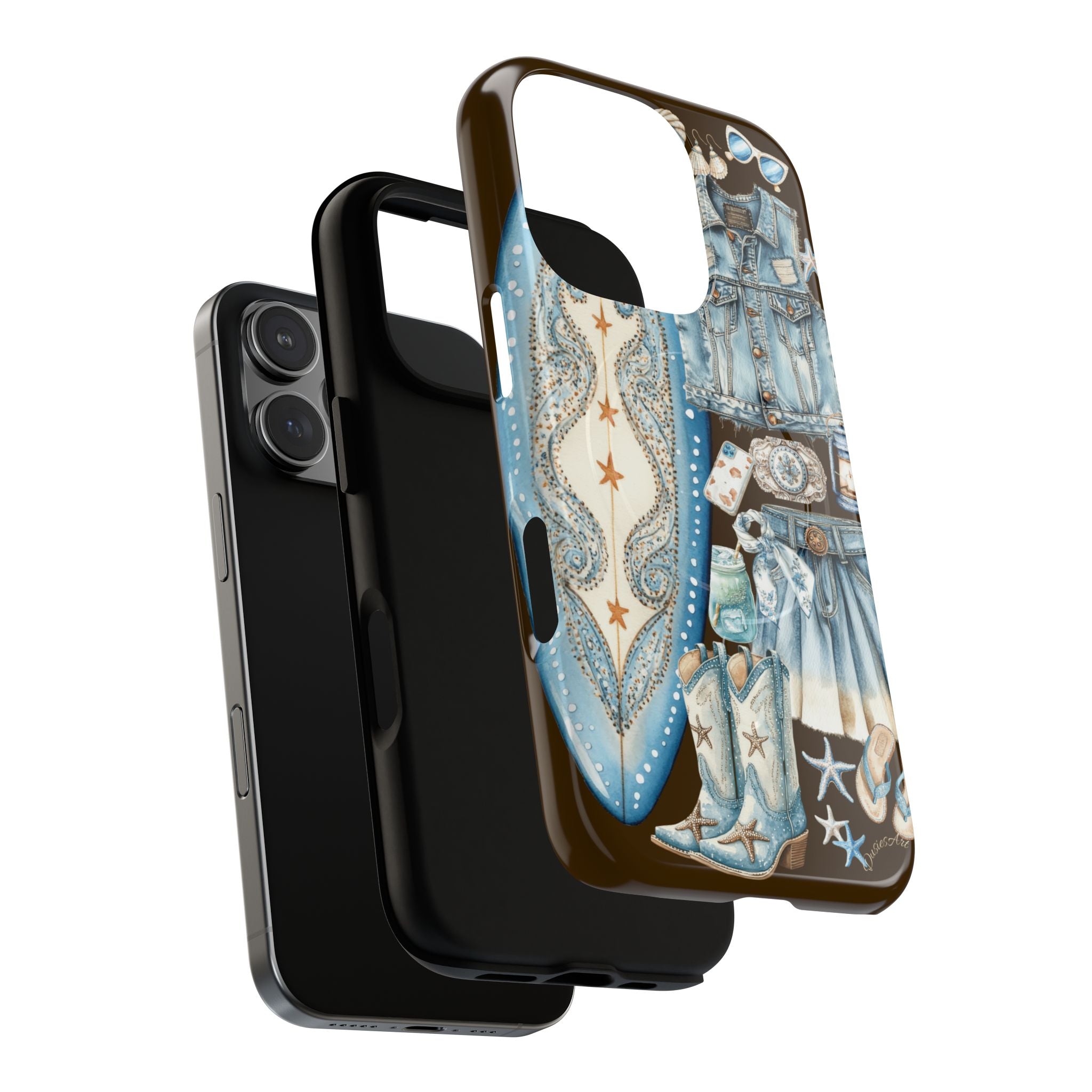 Sundown Cowgirl Boots Brown Phone Case | Coastal Western Patchwork MagSafe Design