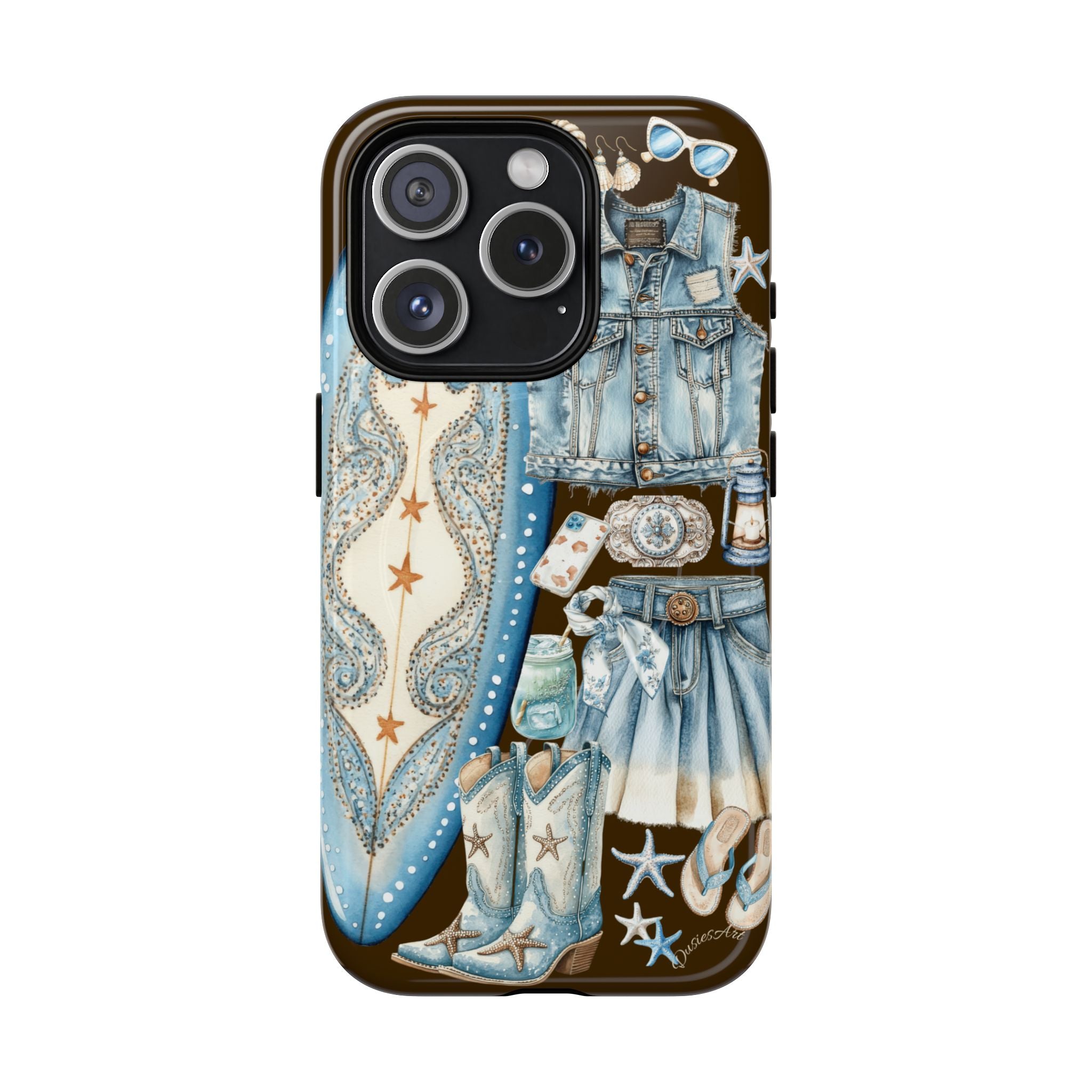 Sundown Cowgirl Boots Brown Phone Case | Coastal Western Patchwork MagSafe Design