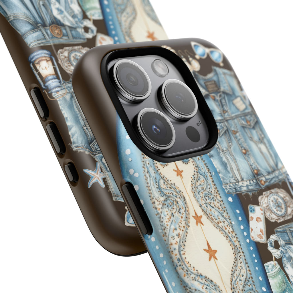 Sundown Cowgirl Boots Brown Phone Case | Coastal Western Patchwork MagSafe Design