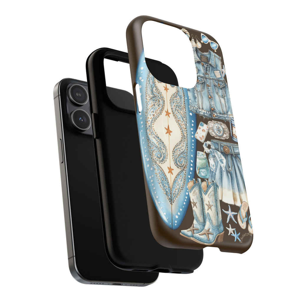 Sundown Cowgirl Boots Brown Phone Case | Coastal Western Patchwork MagSafe Design