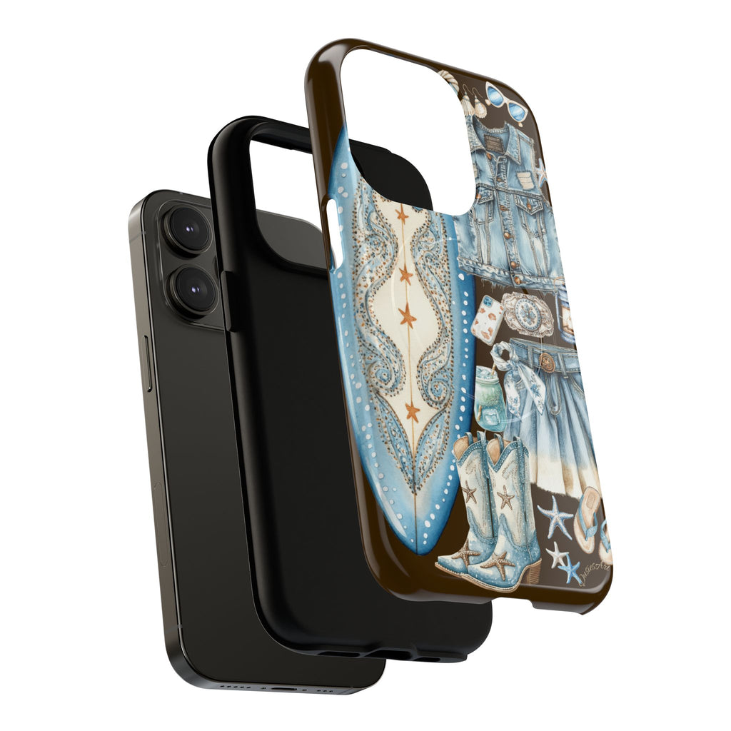 Sundown Cowgirl Boots Brown Phone Case | Coastal Western Patchwork MagSafe Design