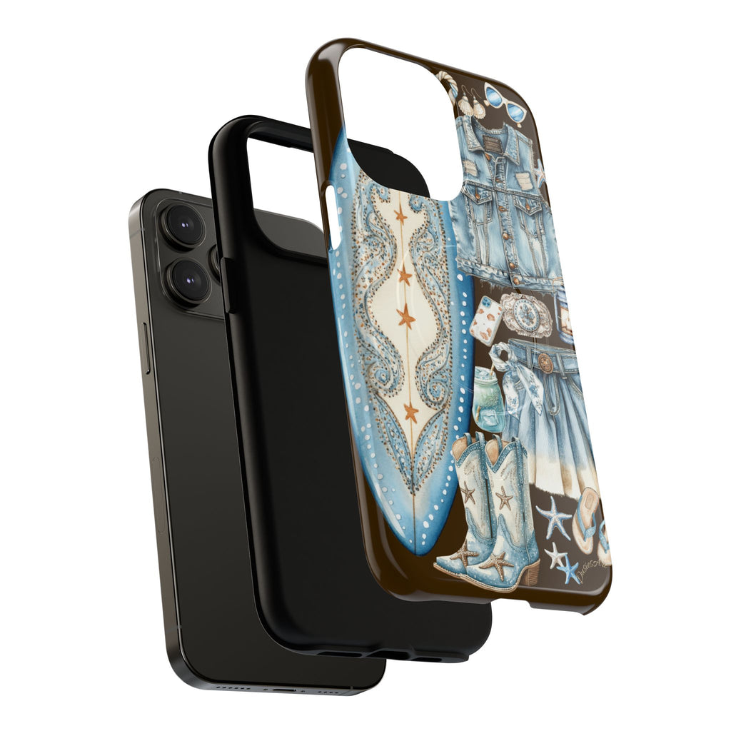 Sundown Cowgirl Boots Brown Phone Case | Coastal Western Patchwork MagSafe Design
