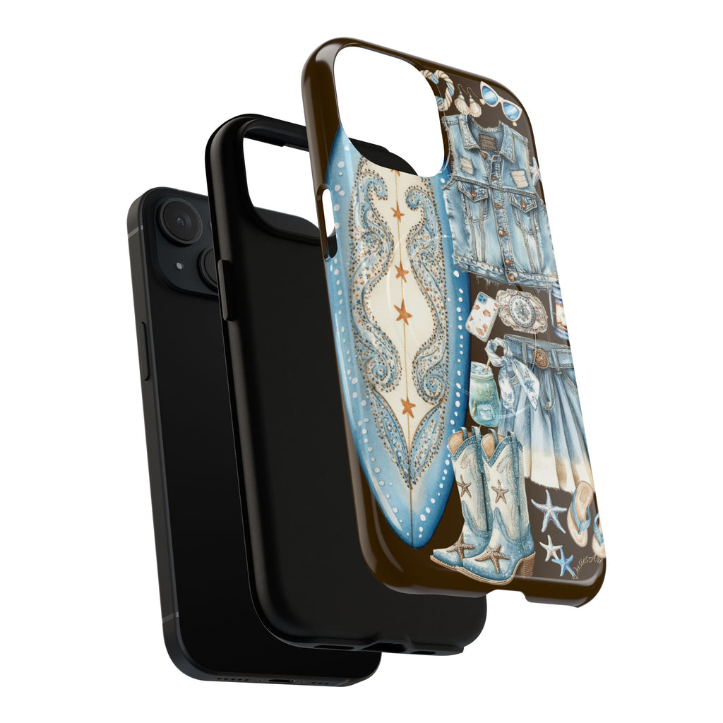 Sundown Cowgirl Boots Brown Phone Case | Coastal Western Patchwork MagSafe Design