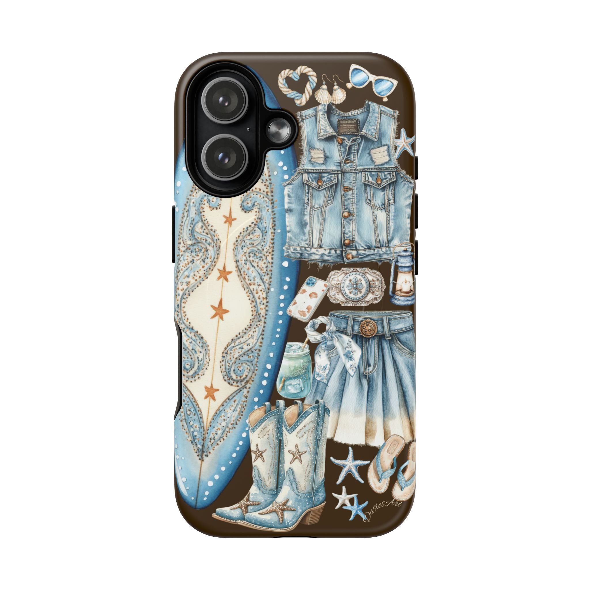 Sundown Cowgirl Boots Brown Phone Case | Coastal Western Patchwork MagSafe Design