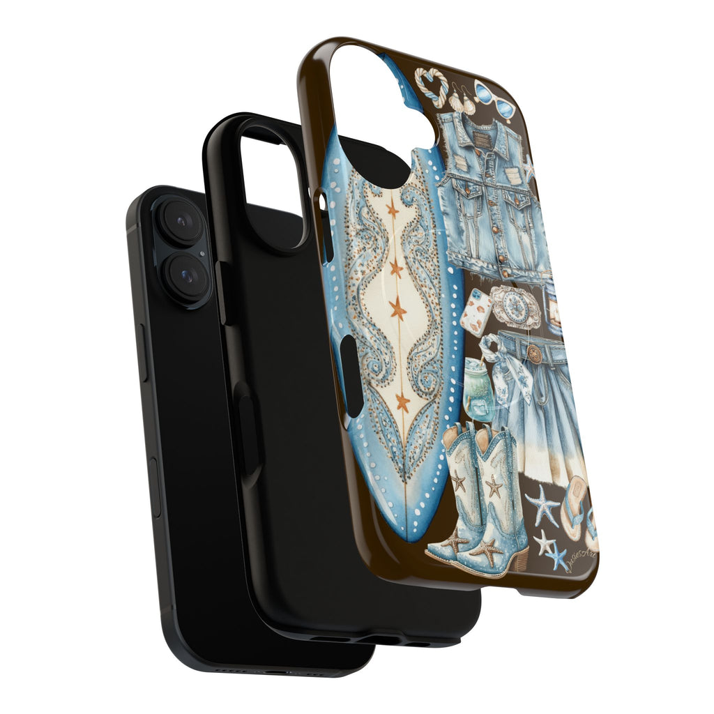 Sundown Cowgirl Boots Brown Phone Case | Coastal Western Patchwork MagSafe Design