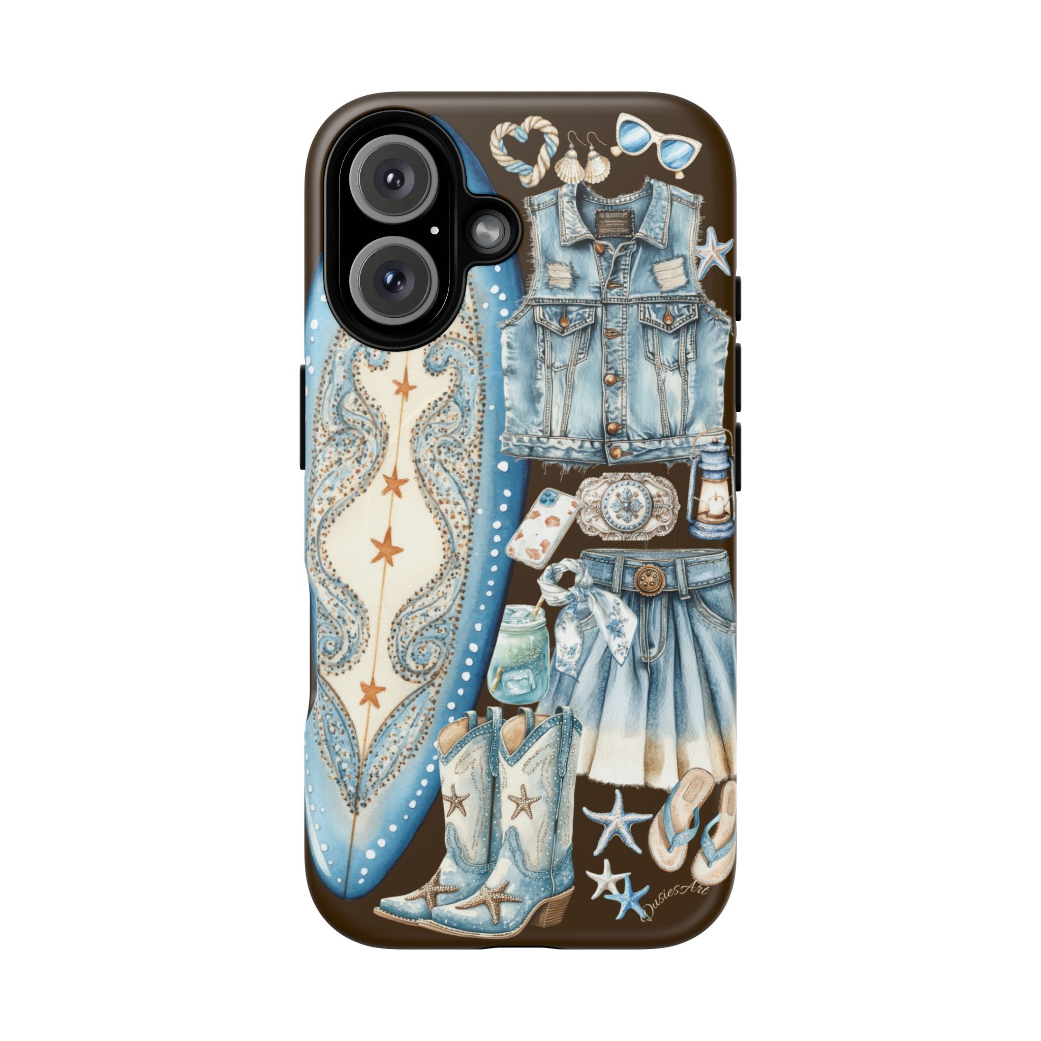 Sundown Cowgirl Boots Brown Phone Case | Coastal Western Patchwork MagSafe Design